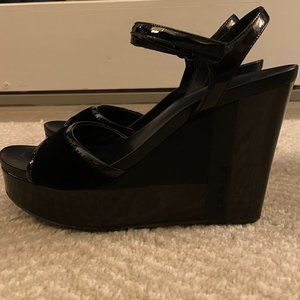 Prada Black Velvet & Patent Leather Platform Ankle Strap Sandals
